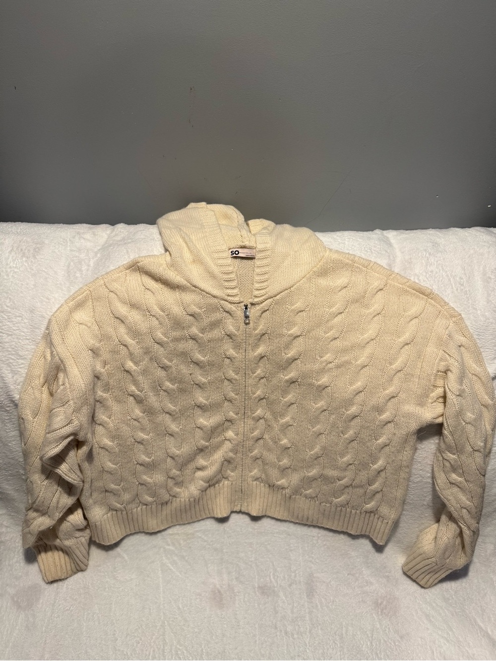 SO Cable-Knit Zip Hoodie Cardigan - Cream